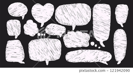 Speech bubbles set. Crayon doodle text frames. Chat dialog boxes. Comic talk textboxes by chalk or pencil isolated on dark background. Childish style quotation balloon. Vector hand drawn illustration Speech bubbles set. Crayon doodle text frames. Chat dialog boxes. Comic talk textboxes by chalk or pencil isolated on dark background. Childish style quotation balloon. Vector hand drawn illustration 121942090