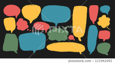 Speech bubbles set. Crayon doodle torn edges elements. Chat dialog boxes. Comic talk textboxes by chalk or pencil isolated on dark background. Childish style quotation balloon. Vector illustration 121942091