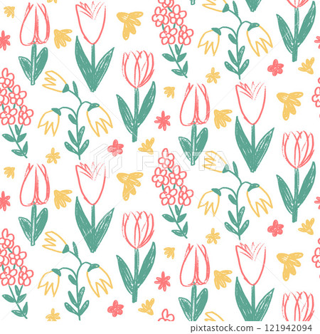 Flowers crayon drawn seamless pattern. Colorful floral allover background. Line art stroke botany repeat cover. Surface pattern design spring motif. Vector hand drawn illustration Flowers crayon drawn seamless pattern. Colorful floral allover background. Line art stroke botany repeat cover. Surface pattern design spring motif. Vector hand drawn illustration 121942094