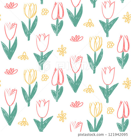 Tulip flowers crayon drawn seamless pattern. Colorful floral allover background. Line art stroke botany repeat cover. Surface pattern design spring motif. Vector hand drawn illustration 121942095