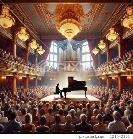 Piano performance at concert venue, large stage, hall 121942191