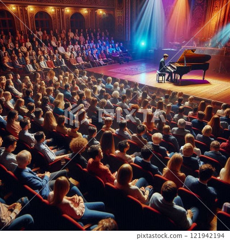 Piano performance at concert venue, large stage, hall 121942194