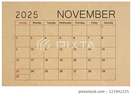 Brown paper calendar for November 2025 isolated on white background. 121942225
