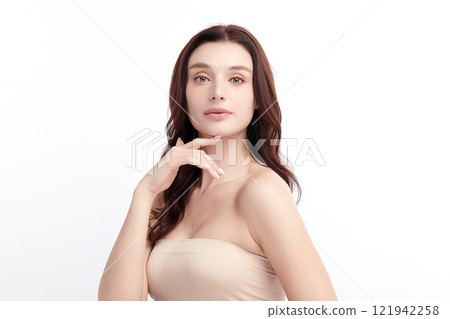 Beautiful young woman with clean fresh skin on white background, Face care, Facial treatment, Cosmetology, beauty and spa, women portrait. 121942258