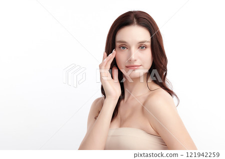 Beautiful young woman with clean fresh skin on white background, Face care, Facial treatment, Cosmetology, beauty and spa, women portrait. 121942259