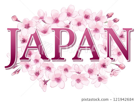 Hand-drawn cherry blossom frame with the word "JAPAN". 121942684