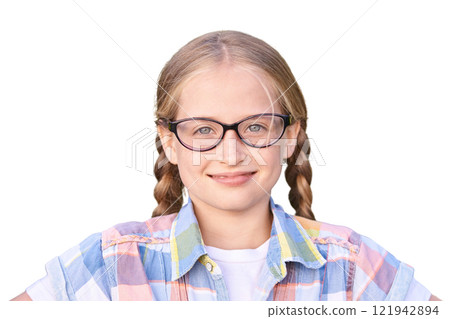 Caucasian young girl with glasses and braids smiling in plaid shirt on white 121942894