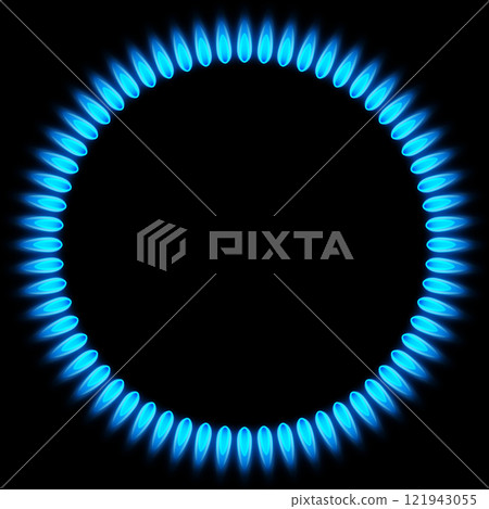 Propane butane gas flames on cooker hobs - top view Propane butane gas flames on cooker hobs - top view 121943055