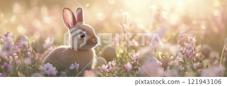 Easter bunny sitting in a field on a spring morning AI image Easter bunny sitting in a field on a spring morning AI image 121943106