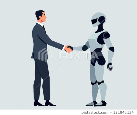 Illustration of a business handshake between a human and a robot, symbolizing collaboration, artificial intelligence, and futuristic partnerships. Ideal for tech and innovation themes 121943134