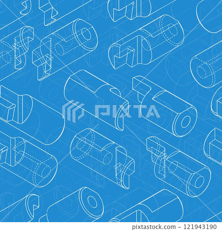 Mechanical engineering drawings on blue background. Cutter, assembly tool with replaceable multi-faceted plate. Technical Design. Cover. Blueprint. Vector illustration. 121943190