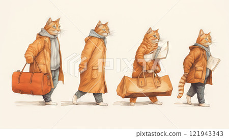 Cute cats family travelling with luggage. Watercolor styled kittens with suitcases. Generated AI. 121943343