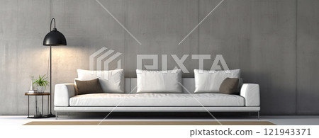 Interior with sofa in modern design. Wide couch in the contemporary room. Generated AI. 121943371