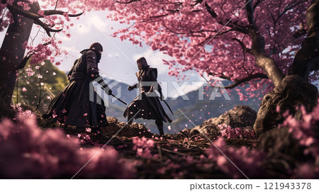Duel of samurai warriors with swords in the garden of sakura blossom. Generated AI. Duel of samurai warriors with swords in the garden of sakura blossom. Generated AI. 121943378