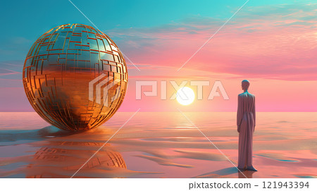 Surreal vaporwave scene with golden ball on the landscape with mountains and sea. 90s styled abstract surreal pink composition. Generated AI. 121943394