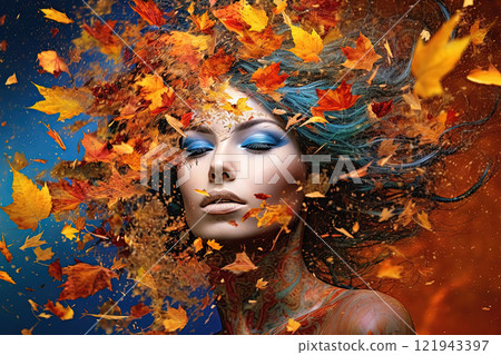 Woman with autumn leaves wreath. Portrait of girl in dreamy fall mood with scattered leaves. Generated AI. Woman with autumn leaves wreath. Portrait of girl in dreamy fall mood with scattered leaves. Generated AI. 121943397