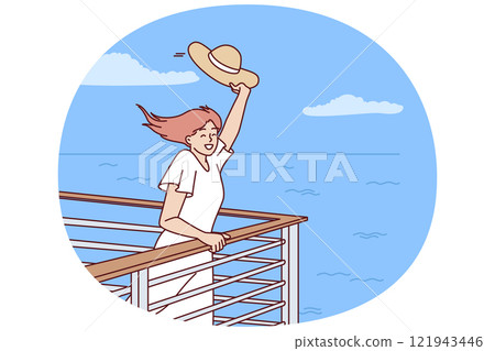 Woman tourist on cruise liner stands near side and waves hand rejoicing at travel across ocean Woman tourist on cruise liner stands near side and waves hand rejoicing at travel across ocean 121943446