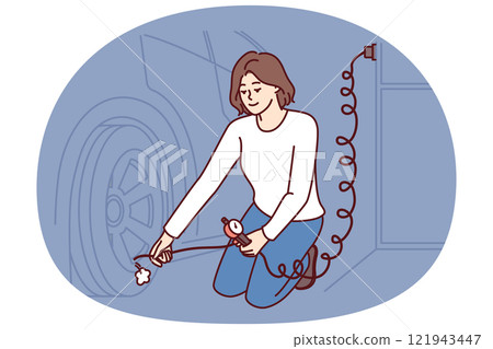 Woman is repairing car wheel using pump to pump air into tires and go on road trip 121943447