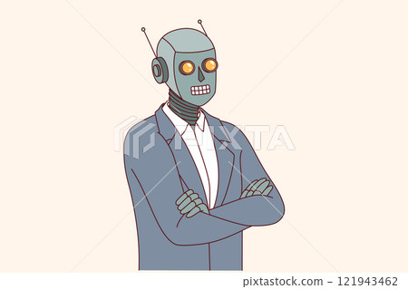 Humanoid robot in business suit with arms crossed, demonstrating confidence in superiority of AI 121943462