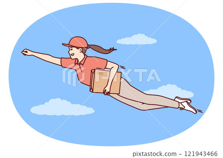 Superhero courier is flying in sky with parcel for customers and is in hurry to deliver mail order Superhero courier is flying in sky with parcel for customers and is in hurry to deliver mail order 121943466