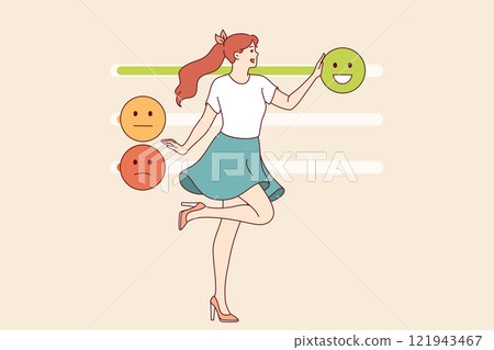Woman with high emotional intelligence controls own behavior and moves emoji sliders 121943467