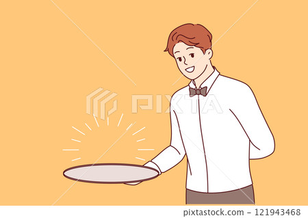 Man waiter with empty tray holds hand behind back, suggesting that you visit fabulous restaurant Man waiter with empty tray holds hand behind back, suggesting that you visit fabulous restaurant 121943468