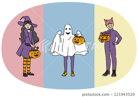 Cheerful kids in halloween outfits invite to go for treats and hold pumpkins in hands Cheerful kids in halloween outfits invite to go for treats and hold pumpkins in hands 121943520