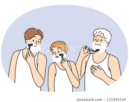 Men different generations shave together, demonstrating continuity of father and son with grandson 121943534