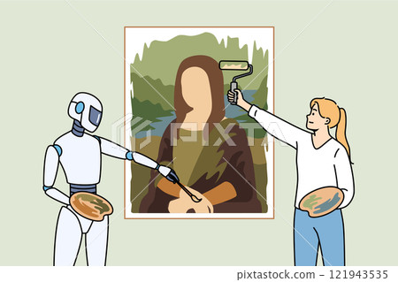 Creation of artwork using AI and neural networks demonstrates person and humanoid drawing picture Creation of artwork using AI and neural networks demonstrates person and humanoid drawing picture 121943535