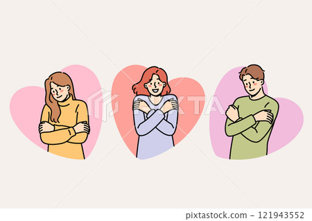 People demonstrate self-love and psychological stability, hug themselves, feeling surge of positive People demonstrate self-love and psychological stability, hug themselves, feeling surge of positive 121943552