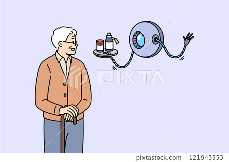 Robot assistant helps elderly person by bringing medications to combat age-related diseases 121943553