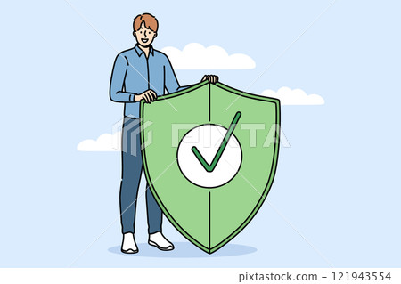 Cyber ​​protection used by business man holding shield, symbolizing fight against digital viruses 121943554