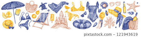 Watercolor summer beach set, vector hand drawn vacation ocean coast sticker, sand castle, umbrella. 121943619