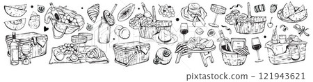 Picnic doodle vector illustration set, summer rural lunch hand drawn outdoor print, basket wine. Picnic doodle vector illustration set, summer rural lunch hand drawn outdoor print, basket wine. 121943621