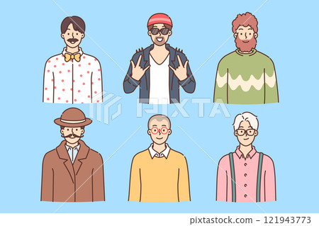 Variety of men in fancy clothes smile and show off different looks from eighties 121943773