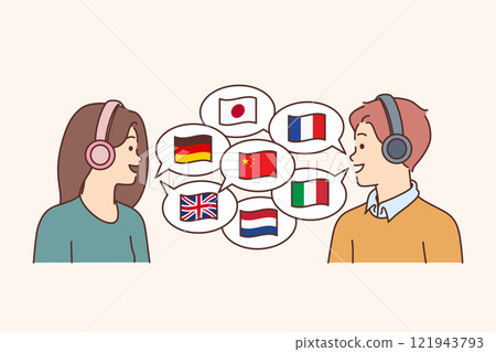 Two polyglots in headphones communicate in different languages, stand near country flags 121943793