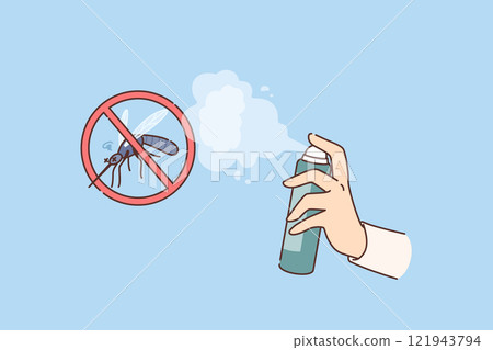 Dichlorvos for destruction mosquitoes and blood-sucking flying insects that spread malaria in hand 121943794
