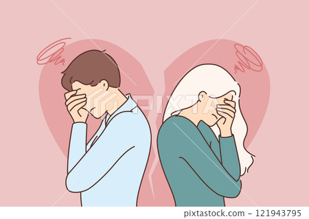 Upset couple experiencing problems in relationship and crying because of betrayal of one of partners Upset couple experiencing problems in relationship and crying because of betrayal of one of partners 121943795