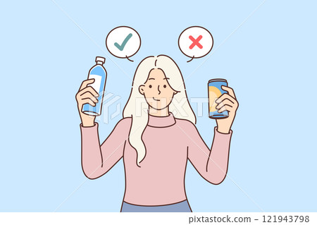 Woman chooses between mineral water and soda, recommending giving up unhealthy sweet drinks Woman chooses between mineral water and soda, recommending giving up unhealthy sweet drinks 121943798