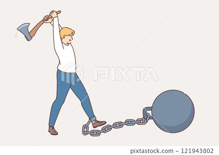 Man frees himself from shackles and burdens by cutting chain with ax to become free Man frees himself from shackles and burdens by cutting chain with ax to become free 121943802
