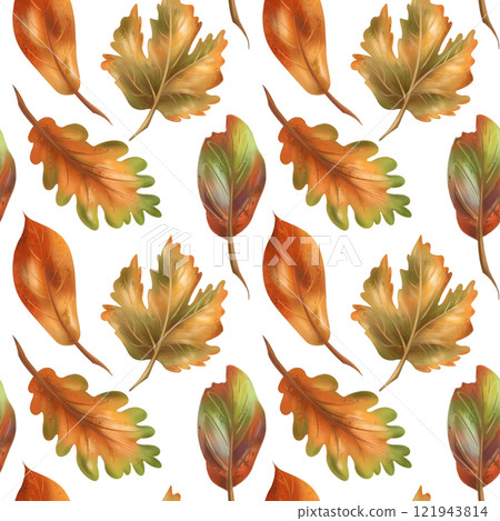 Autumn cozy seamless pattern with maple and oak yellow, red leaves on a white background. Natural motifs, forest, plants. Hand drawing background for wrapping paper, textiles, design Autumn cozy seamless pattern with maple and oak yellow, red leaves on a white background. Natural motifs, forest, plants. Hand drawing background for wrapping paper, textiles, design 121943814