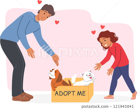 Adop me inscription on box with cat and dog, near happy girl and man choosing pet 121943841