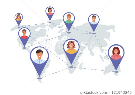 International community people from different countries, marked on global map with GPS tags 121943843