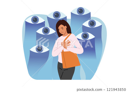 Woman feels surveillance of society, stands near giant eyes that violate personal space Woman feels surveillance of society, stands near giant eyes that violate personal space 121943850