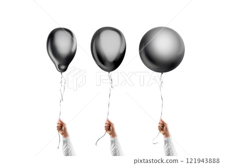 Hand holding blank black round, pear and sphere balloon mockup Hand holding blank black round, pear and sphere balloon mockup 121943888