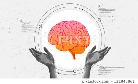 Conceptual image of hands presenting vibrant orange and pink brain, symbolizing mental health and neurological research. Conceptual design. 121943961