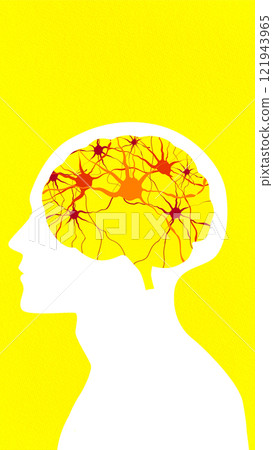 Abstract depiction of neurons within brain, in yellow and orange tones, representing brain activity and research. Conceptual design. 121943965