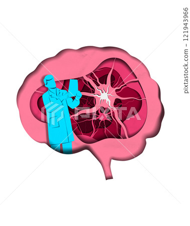 Brain illustration with visible neurons and doctor analyzing brain activity, symbolizing neurological research. Conceptual design. 121943966