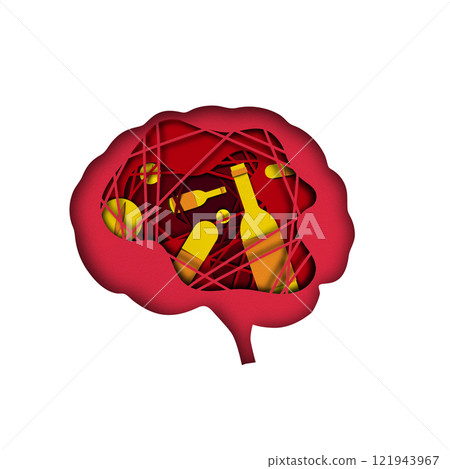 Abstract red brain illustration containing symbols of alcohol and pills, depicting concept of addiction and its impact on mental health. Conceptual design. 121943967