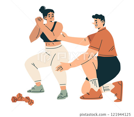 Sport with Woman Character Squat Engaged in Physical Activity Vector Illustration 121944125